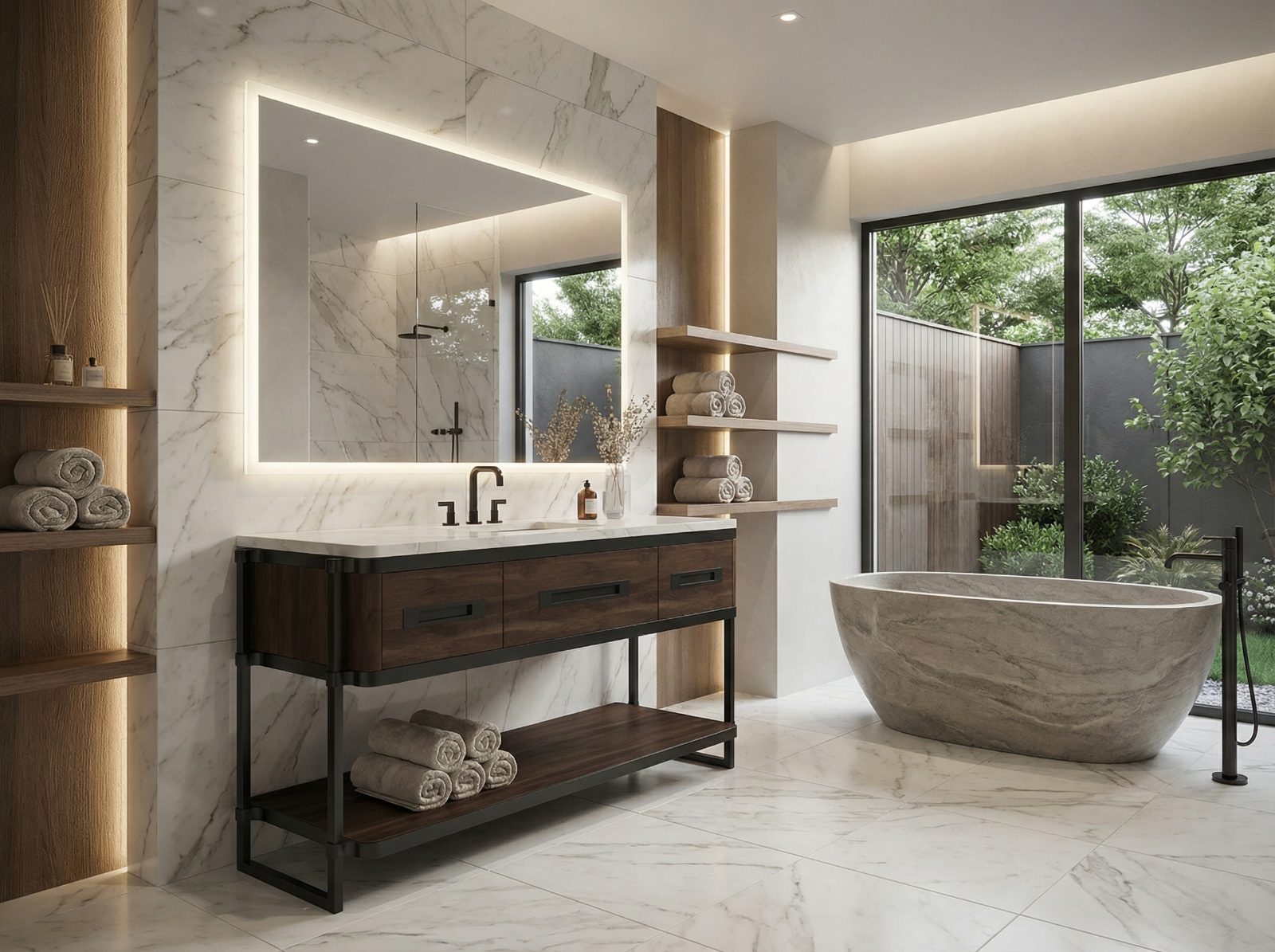 Bath with stone countertop and custom cabinetry